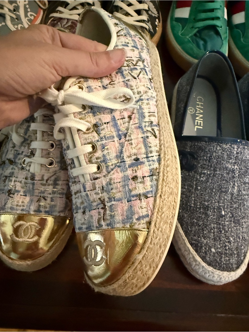 CHANEL Multicolor Tweed Lace-Up Espadrille Sneakers with Gold Cap Toe - Picture 2 of 2